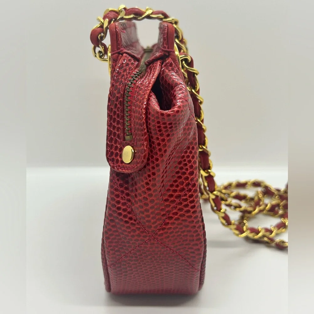 CHANEL Vintage Red Lizard Skin Hexagon Gold Chain Shoulder Bag